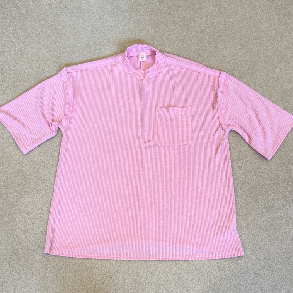 Pink Short-Sleeve Textured/Ribbed Pocket Shirt